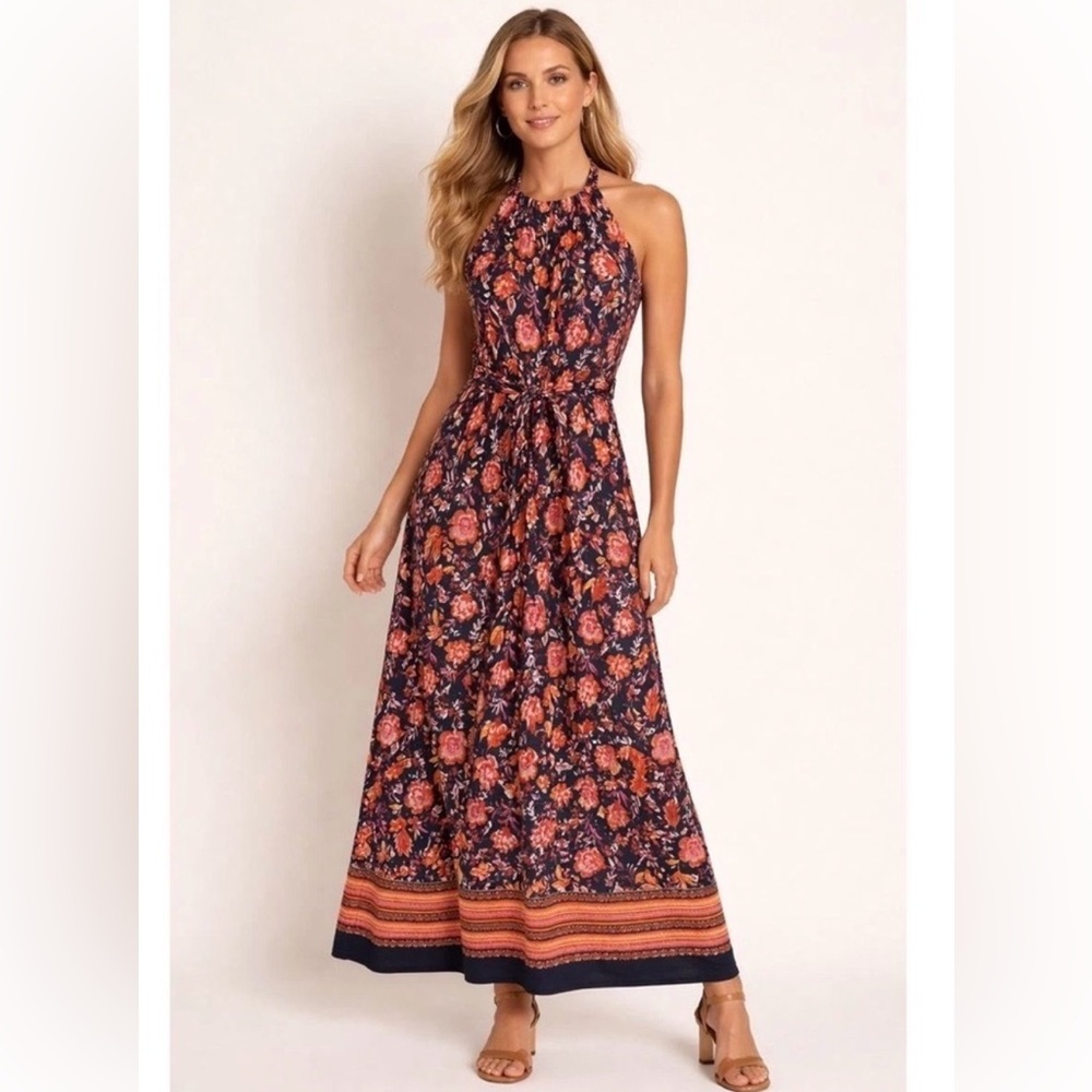MSK Floral Halter Maxi Dress Boho Tie Waist Border Hem - L
